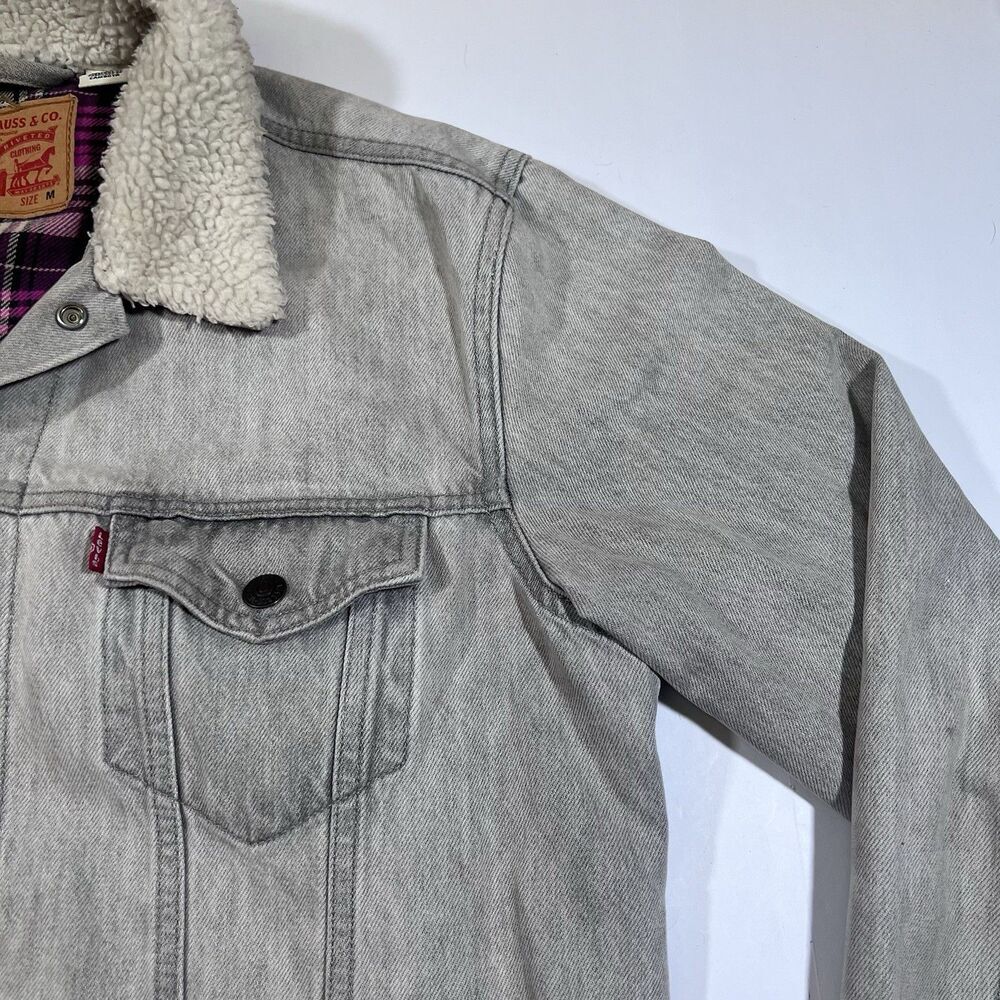Levi's Flannel Lined Washed Gray Denim Trucker Jacket Sherpa Collar Women's Med - Picture 4 of 13